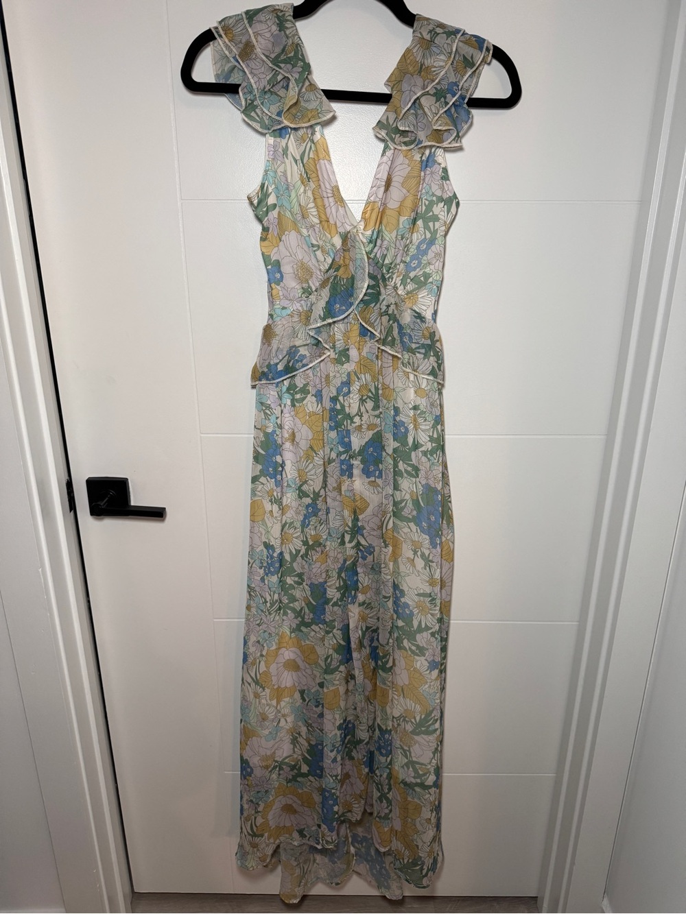 Floral Ruffle V-Neck Maxi Dress in Green & Yellow